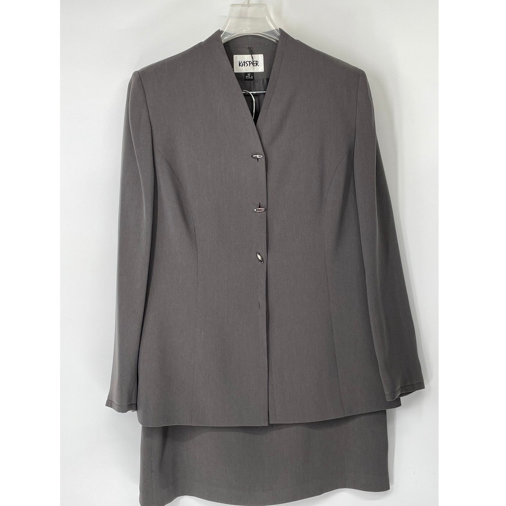 Kasper Women Suit 10 Skirt Set Gray Toggle Button Collarless Professional